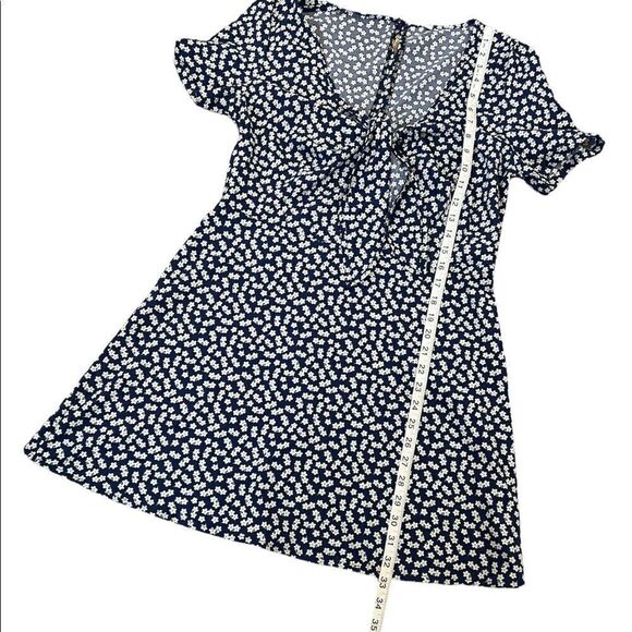 Navy Ditsy Floral Print Lightweight Deep V Tie Neck Short Sleeve Mini Dress S - Picture 5 of 8